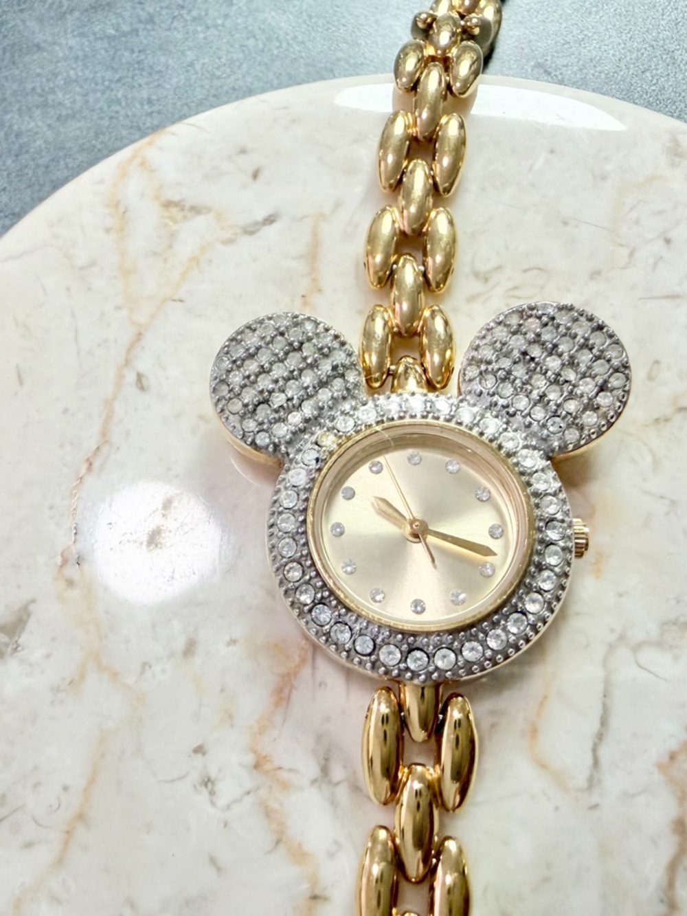 Vintage 1990’s Pave Crystal Mickey Mouse  Ears Watch Gold Tone Disney Time Works
